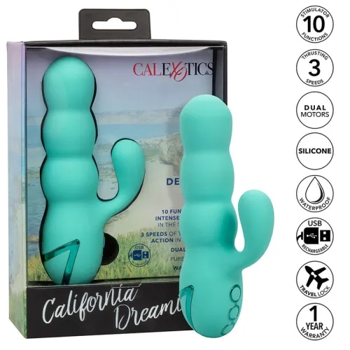 Türkises Massagegerät in Verpackung, mit Funktionen und Eigenschaften wie wasserdicht, USB-aufladbar und Silikonmaterial.