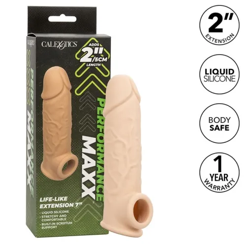 Silicone penis extender, 2 inches, skin-colored, packaging with product details, 1 year warranty.
