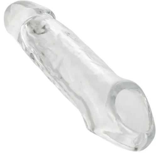 Clear glass dildo with a textured surface and rounded tip.