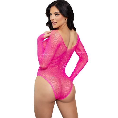 Langärmeliger Bodysuit Mit Kristallmuster In Pink | Leg Avenue