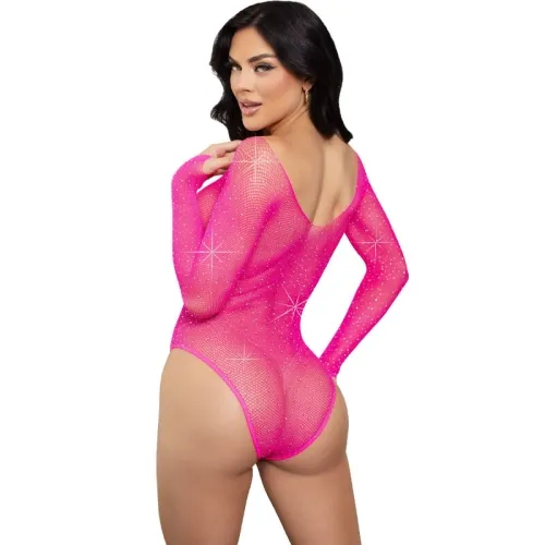 Langärmeliger Bodysuit Mit Kristallmuster In Pink – Leg Avenue