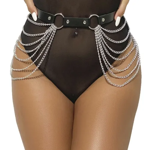 Woman wearing black bodysuit with chain embellishment and belt.