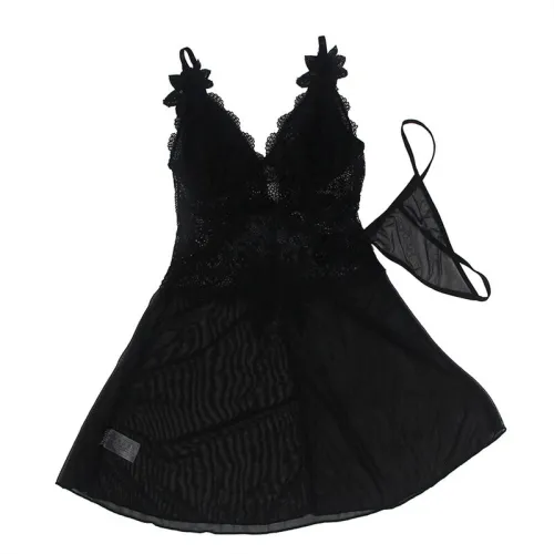 Babydoll Tulle Fabric with Lace and Floral Detail Black L/XL – Subblime