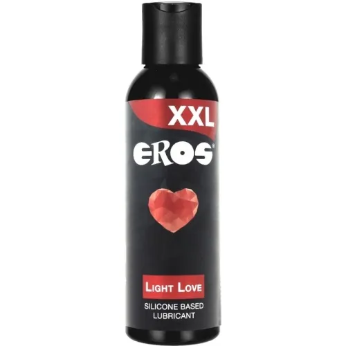 Black bottle of Eros XXL Light Love silicone lubricant with a red heart on the label.