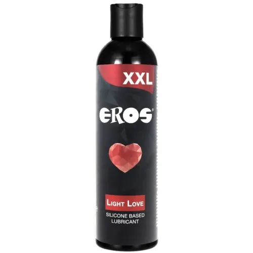 Black bottle with red label, inscription "XXL EROS Light Love", silicone-based lubricant, heart symbol.