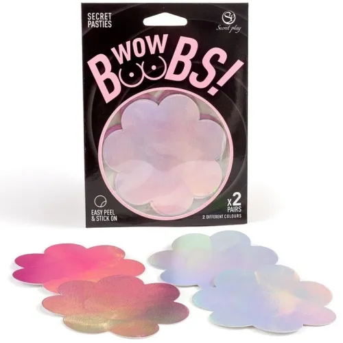 Verpackung von blumenförmigen Pasties in verschiedenen Farben, mit der Aufschrift "Wow Boobs!" und "Easy Peel & Stick On".