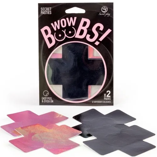 Packaging of nipple covers with two pairs in black and pink, easy to peel off and stick on.