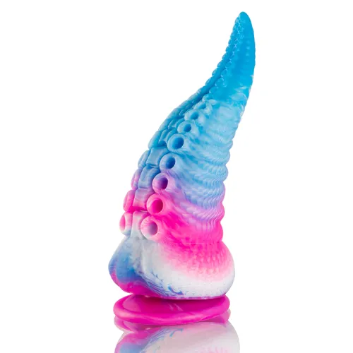 Colorful, tentacle-like object with blue and pink gradients, textured with suction cups.