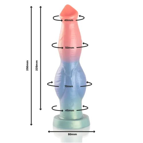 Bunter Dildo mit Maßen: Länge 250mm, Durchmesser 40-70mm, Basis 80mm.
