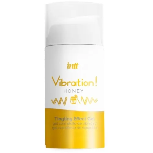 Weiß-gelbe Flasche mit der Aufschrift "Vibration! Honey Tingling Effect Gel" und einem Honigtopf-Symbol.