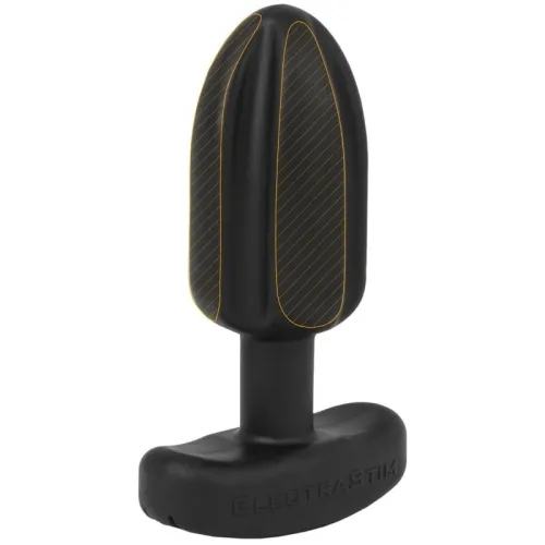 Black, oval device with yellow lines and a T-shaped handle, standing upright.