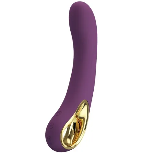 Purple vibrator with a curved shape and golden accents.