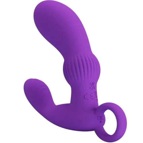 Lila, gebogenes Silikon-Sextoy mit strukturierten Details und einem Ringgriff am Ende.