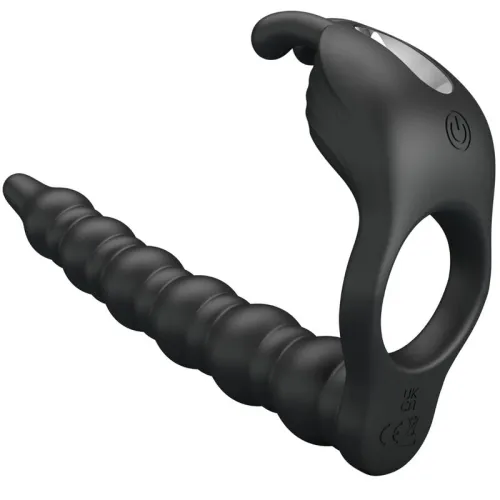 Black, ribbed sex toy with ergonomic handle and on/off button.