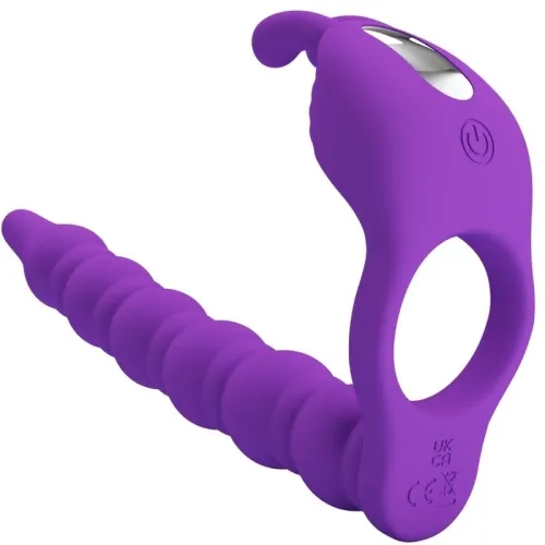 Lila, geripptes Silikon-Sextoy mit Ringgriff und Knopf, ergonomisch geformt.