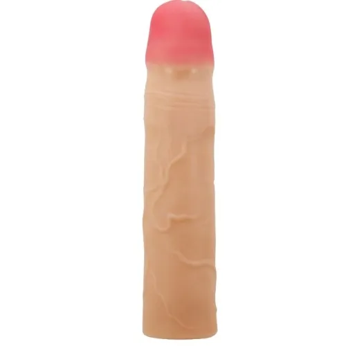 Ein hautfarbener Dildo mit rosa Spitze und geäderter Oberfläche, stehend.