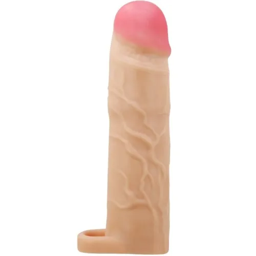 Hautfarbener Penis-Aufsatz mit rosa Spitze und Adern, seitlich betrachtet.
