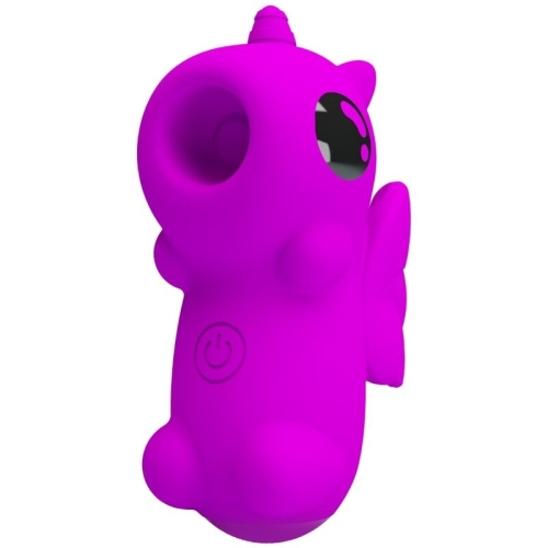 Purple unicorn-shaped silicone toy with wings and an on/off button on the front.