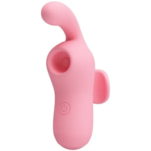 Pink silicone vibrator with curved head and suction opening, power button visible.