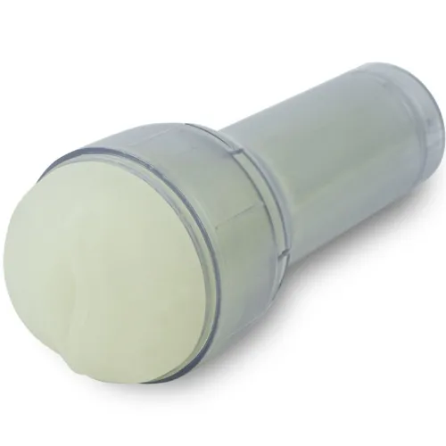 Transparent plastic casing with a cream-colored, round tip, similar to a flashlight.