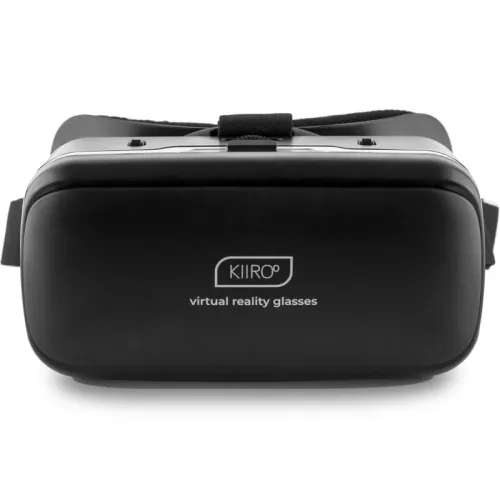 Black virtual reality glasses with the inscription "Kiiroo virtual reality glasses" on the front.