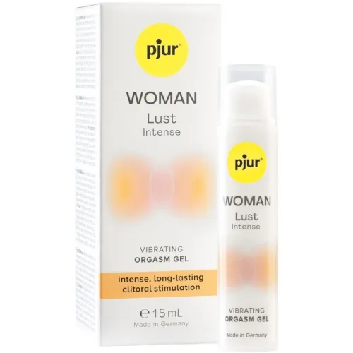 Pjur Woman Lust Intense Gel, 15 mL, for long-lasting clitoral stimulation, packaging and bottle shown.