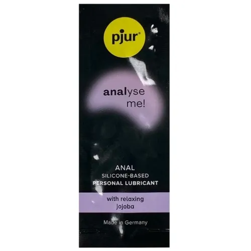 Black packaging of pjur "analyse me!" lubricant, silicone-based, with jojoba, made in Germany.