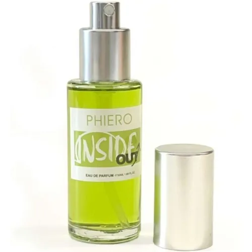 Green perfume bottle with silver spray head and removed cap, label: "Phiero Inside Out".