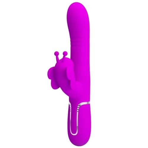 Lila Vibrator mit Schmetterlingsaufsatz und silbernem Detail am Griff.