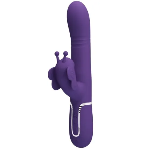 Lila Vibrator mit Schmetterlingsaufsatz und Bedienelementen am Griff.