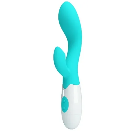 Turquoise vibrator with two arms and white handle, two buttons visible.