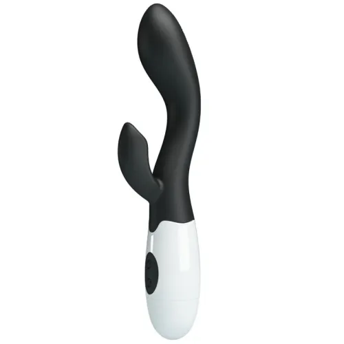 Black and white vibrator with two arms and control buttons.