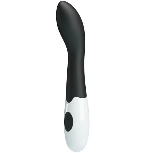 Schwarzer und weißer Vibrator mit gebogener Spitze und zwei Knöpfen am Griff.