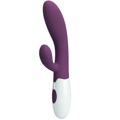 Purple and white vibrator with two arms and control buttons on the handle.
