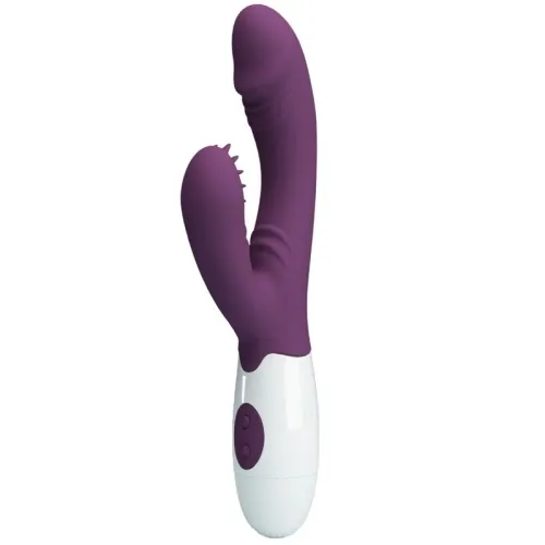 Lila Vibrator mit zwei Armen und weißem Griff, zwei Knöpfe sichtbar.