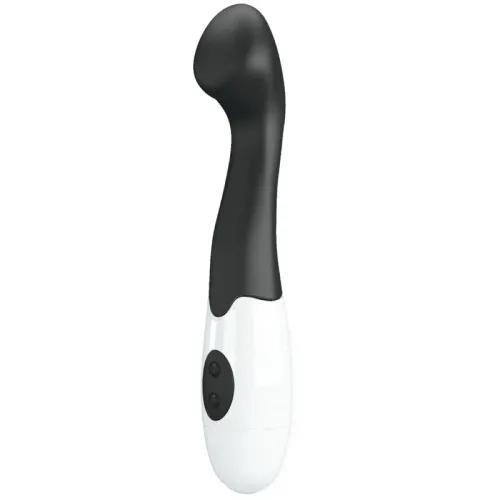 Black and white vibrator with a curved head and two buttons.