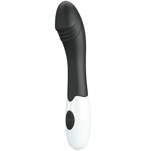 Black and white vibrator with a curved design and two buttons on the handle.