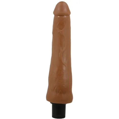Brauner Dildo mit realistischen Details und schwarzem Sockel, aufrecht stehend.