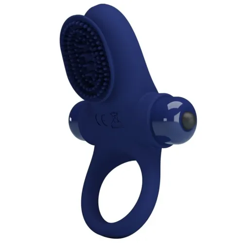 Blue silicone ring with textured top and two side balls, suitable for massage applications.