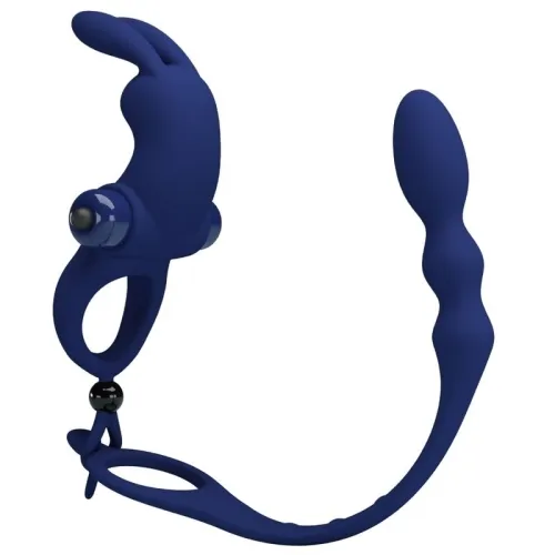 Blue, curved silicone toy with multiple rings and textured end, on a white background.