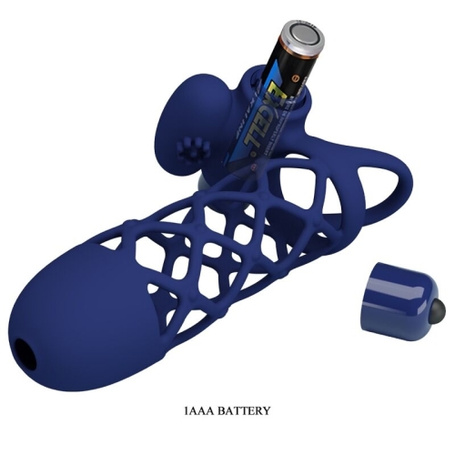 PRETTY LOVE - GIANN VIBRATORRING MIT SILIKONHÜLLE BLAU liegend vibrator geöffnet