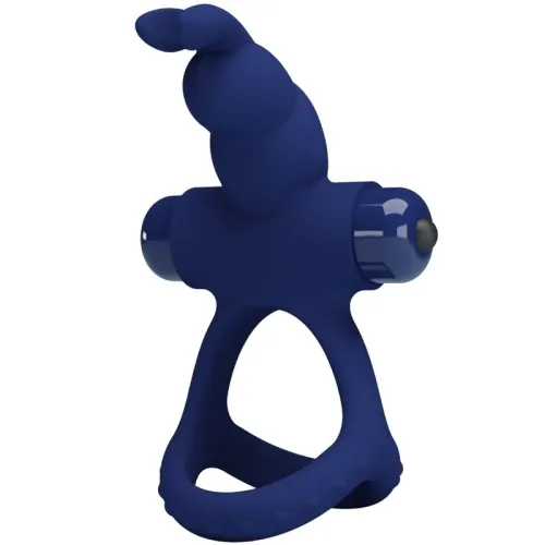 Blue, spiral silicone ring with handle and rounded tip, on a white background.