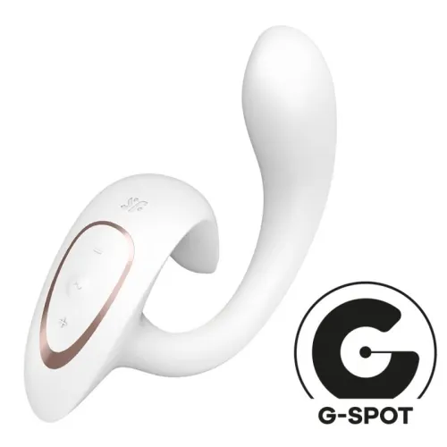 White G-spot vibrator with controls, next to it a G-spot logo.