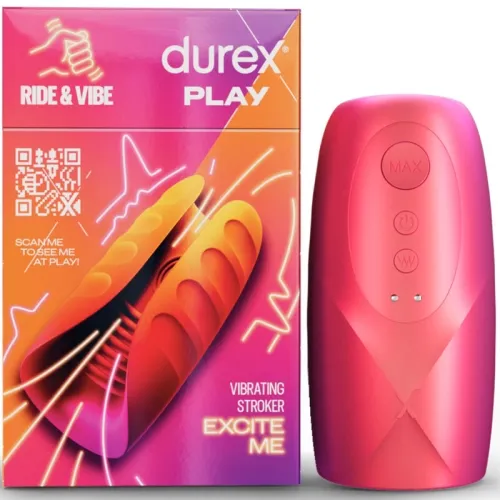Red packaging and device from Durex Play, Vibrating Stroker "Excite Me", with QR code and controls.