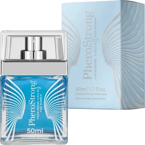 Parfümflasche und Verpackung von PheroStrong, 50 ml, mit blauem Design und silbernen Akzenten.