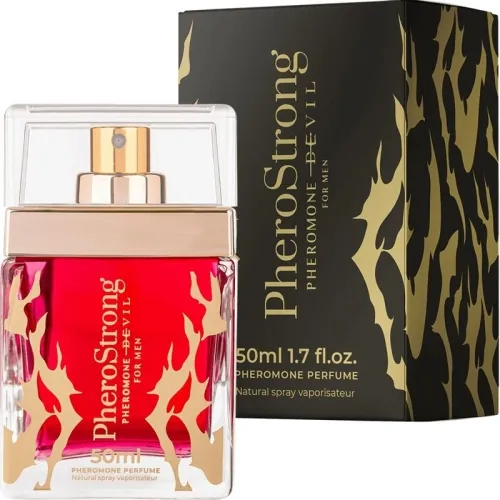 Red PheroStrong perfume bottle with golden flames, next to it black packaging with golden patterns.