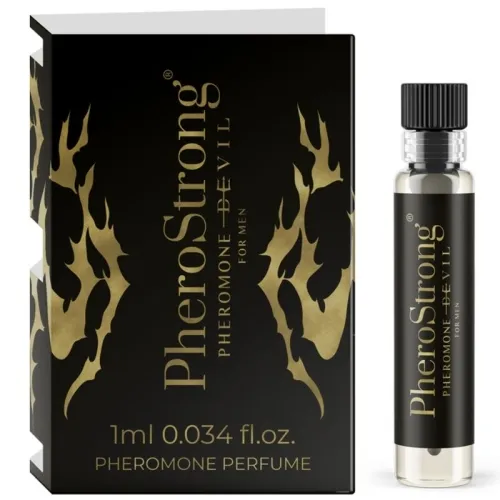 Black packaging and bottle of PheroStrong pheromone perfume for men with golden flame motifs.