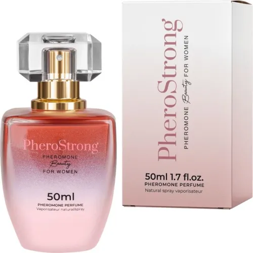 Perfume bottle and packaging of PheroStrong, 50 ml, pheromone fragrance for women, pink and gold details.