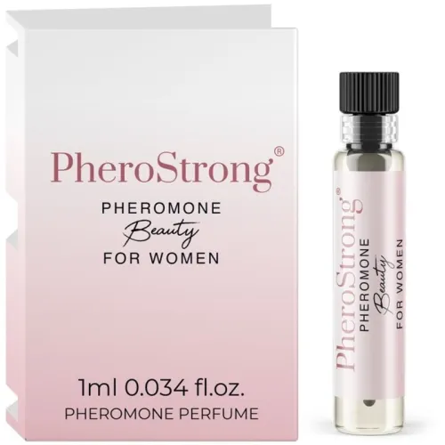 PheroStrong Pheromon-Parfüm für Frauen, 1 ml Fläschchen neben Verpackung.