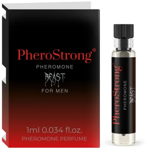 PheroStrong pheromone perfume for men, 1 ml bottle next to black packaging with red text.